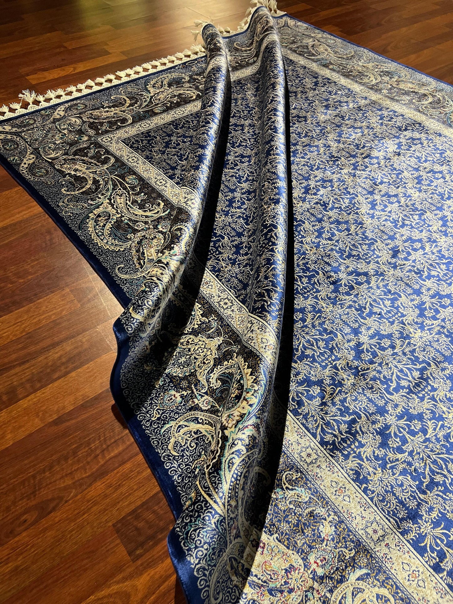 5x8 Blue Floral Silk Rug, Turkish Style Area Rug, Luxury Living Room Carpet, Modal Silk Home Decor