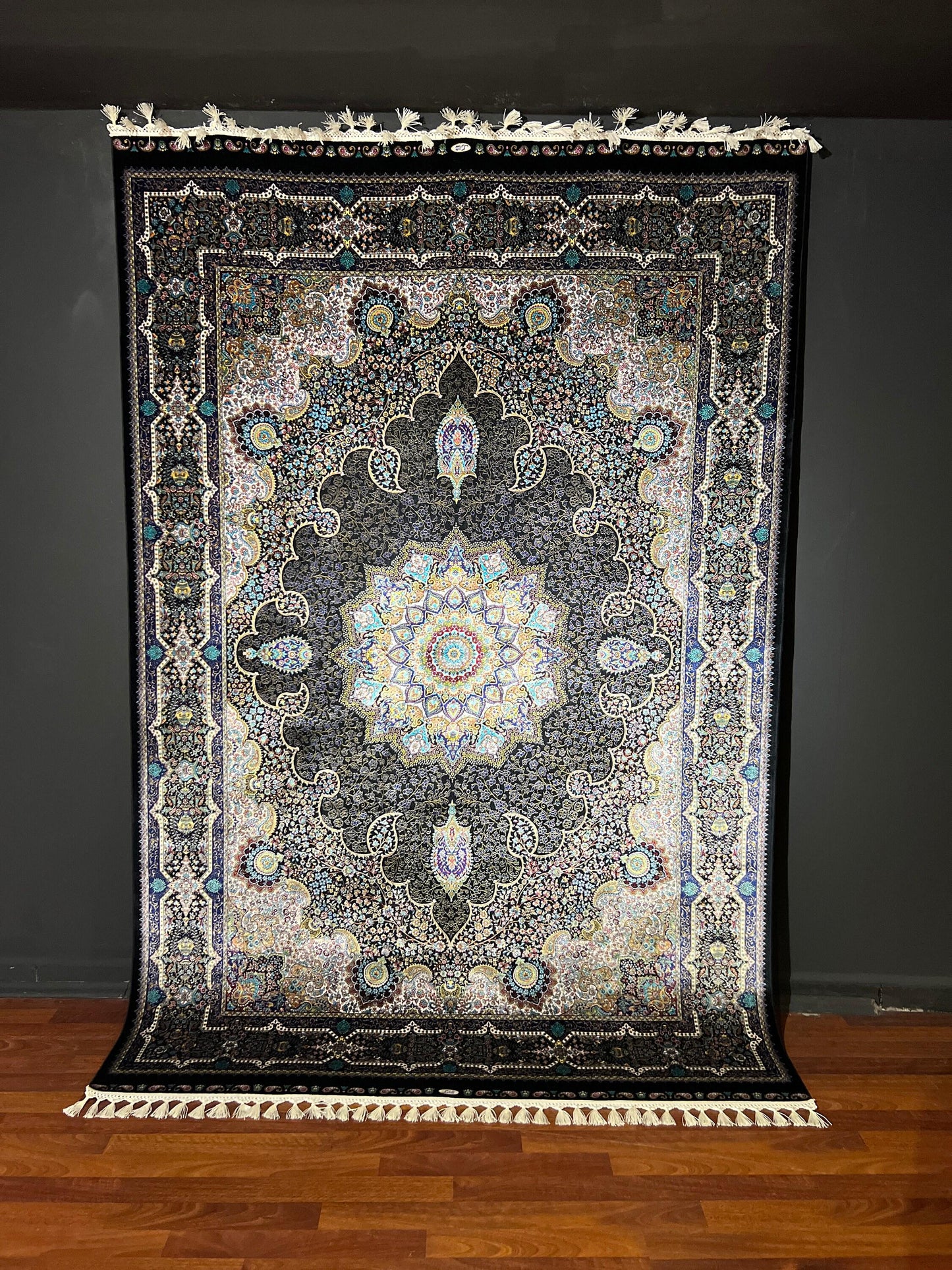 5x8 Black Cream Pattern Rug, Modal Silk Area Rug, Luxury Living Room Carpet, Classic Medallion Rug