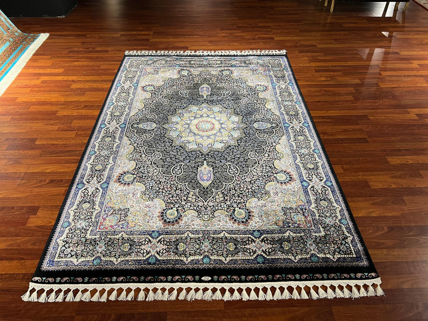 5x8 Black Cream Pattern Rug, Modal Silk Area Rug, Luxury Living Room Carpet, Classic Medallion Rug