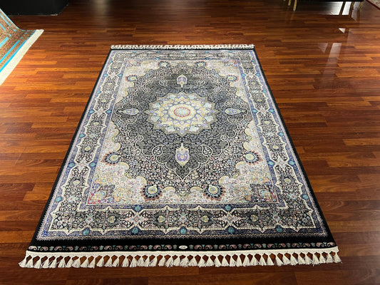 5x8 Black Cream Pattern Rug, Modal Silk Area Rug, Luxury Living Room Carpet, Classic Medallion Rug