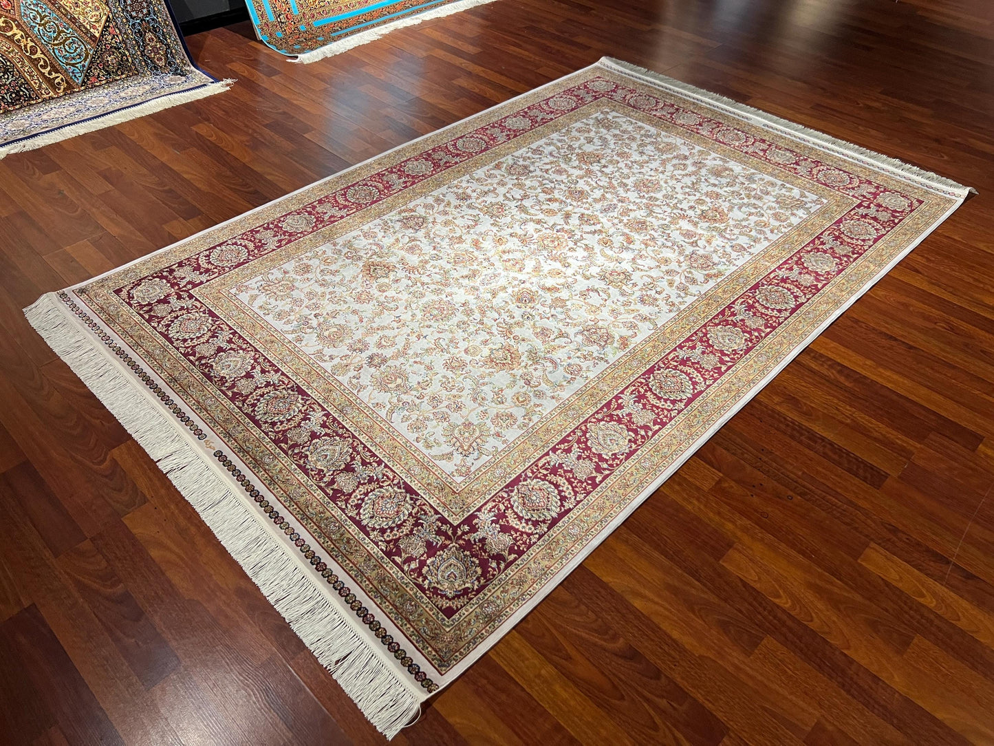 5x8 ft Red Gold Bamboo Silk Rug, Luxury Living Room Rug, Floral Area Rug, High Quality Home Decor Rug