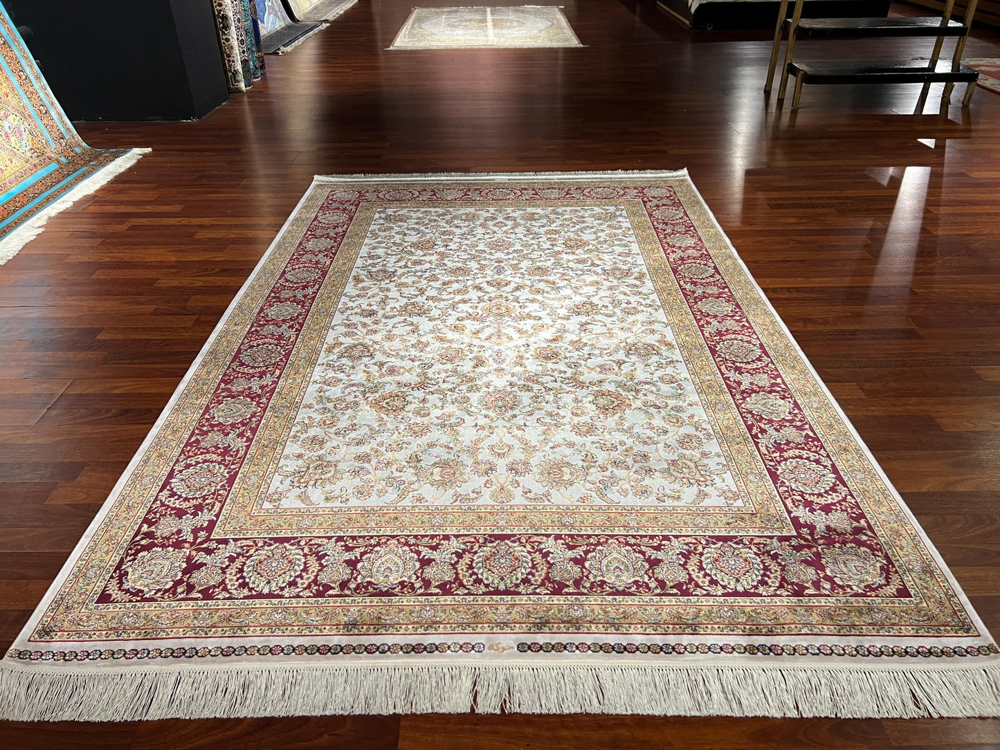 5x8 ft Red Gold Bamboo Silk Rug, Luxury Living Room Rug, Floral Area Rug, High Quality Home Decor Rug