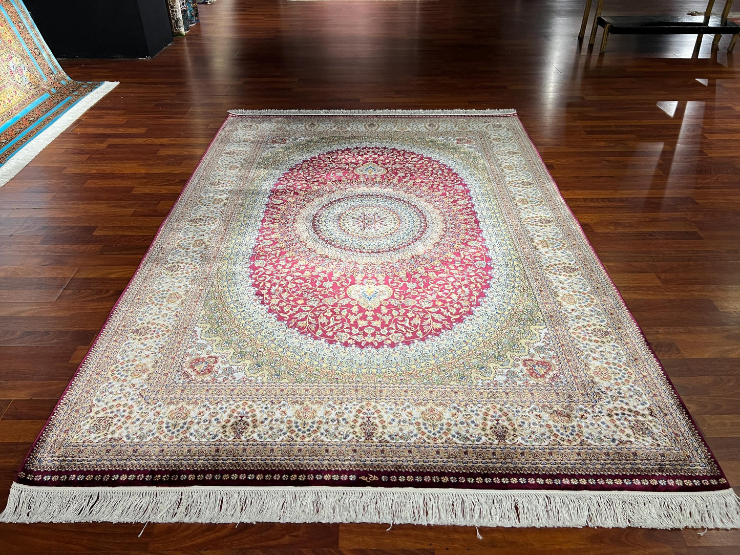 5x8 ft Red Silk Rug, Turkish Bamboo Silk Area Rug, Floral Medallion Rug, Luxury Living Room Rug, Traditional Cream Rug