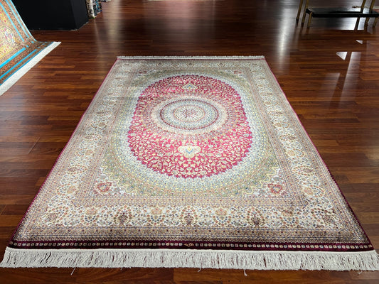 5x8 ft Red Silk Rug, Turkish Bamboo Silk Area Rug, Floral Medallion Rug, Luxury Living Room Rug, Traditional Cream Rug