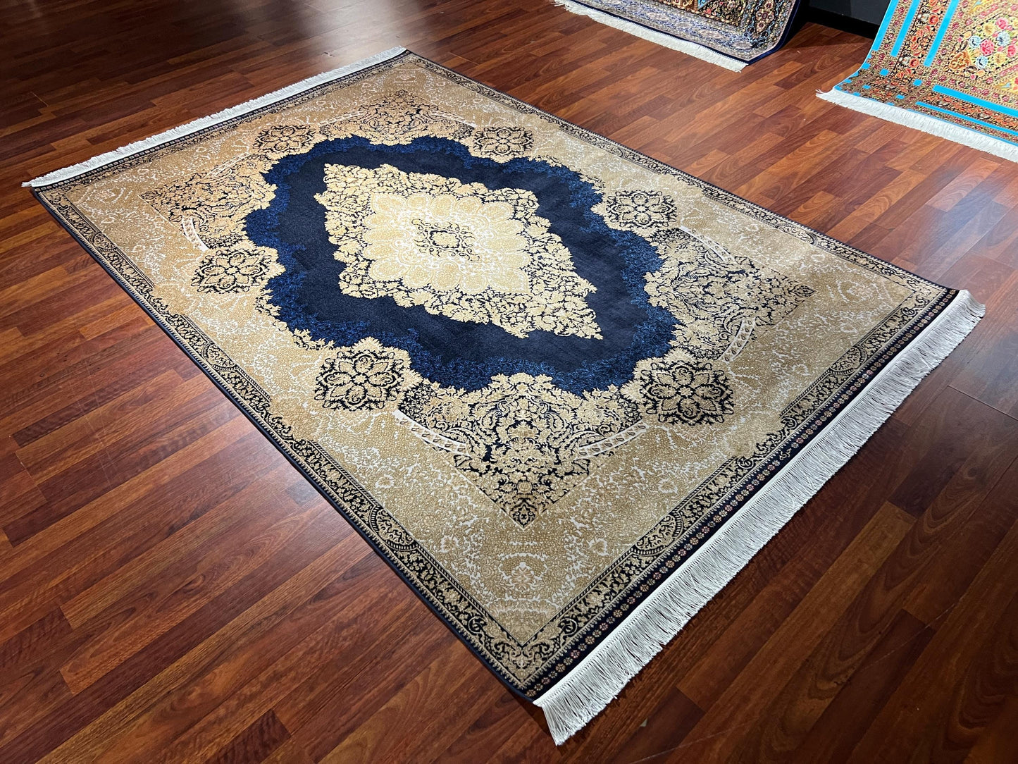 5x8 ft Blue Authentic Pattern Bamboo Silk Rug, Luxury Living Room Rug, High Quality Area Rug, Home Decor Rug