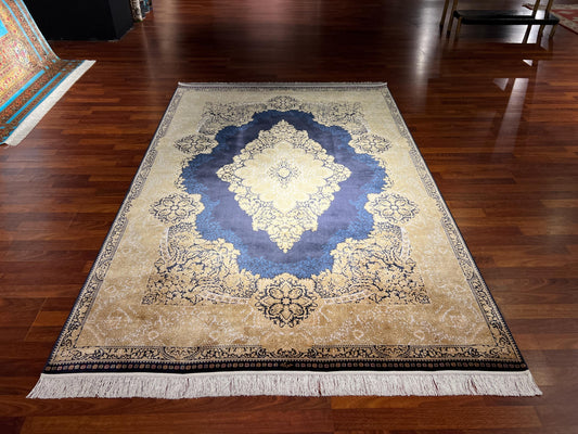 5x8 ft Blue Authentic Pattern Bamboo Silk Rug, Luxury Living Room Rug, High Quality Area Rug, Home Decor Rug