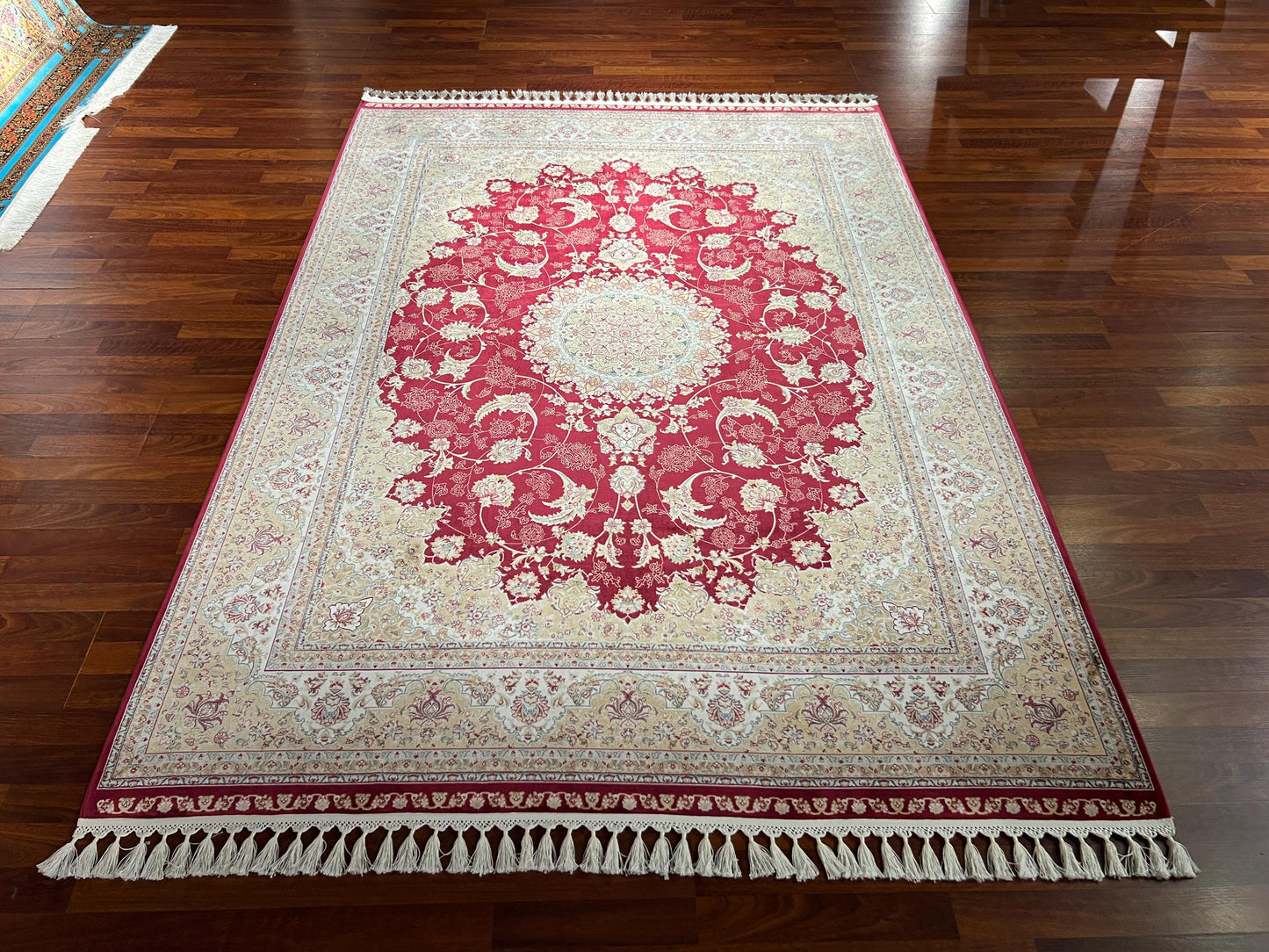 5x8 ft Red Silk Rug, Turkish Bamboo Silk Area Rug, Burgundy Floral Medallion Rug, Luxury Living Room Rug, Ivory Traditional Rug