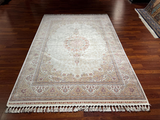 5x8 ft Cream Medallion Silk Rug, Luxury Living Room Rug, Traditional Classic Silk Area Rug, Turkish Style Home Decor Rug
