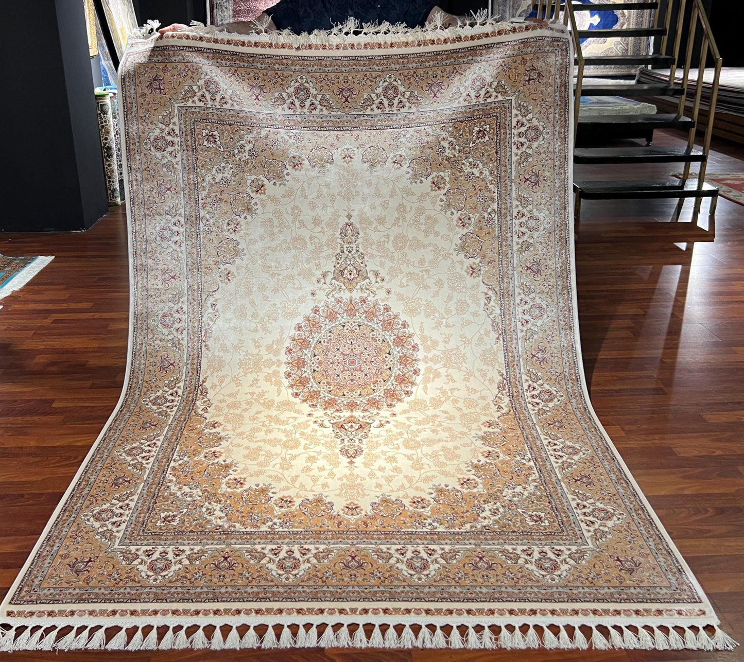 5x8 ft Cream Medallion Silk Rug, Luxury Living Room Rug, Traditional Classic Silk Area Rug, Turkish Style Home Decor Rug