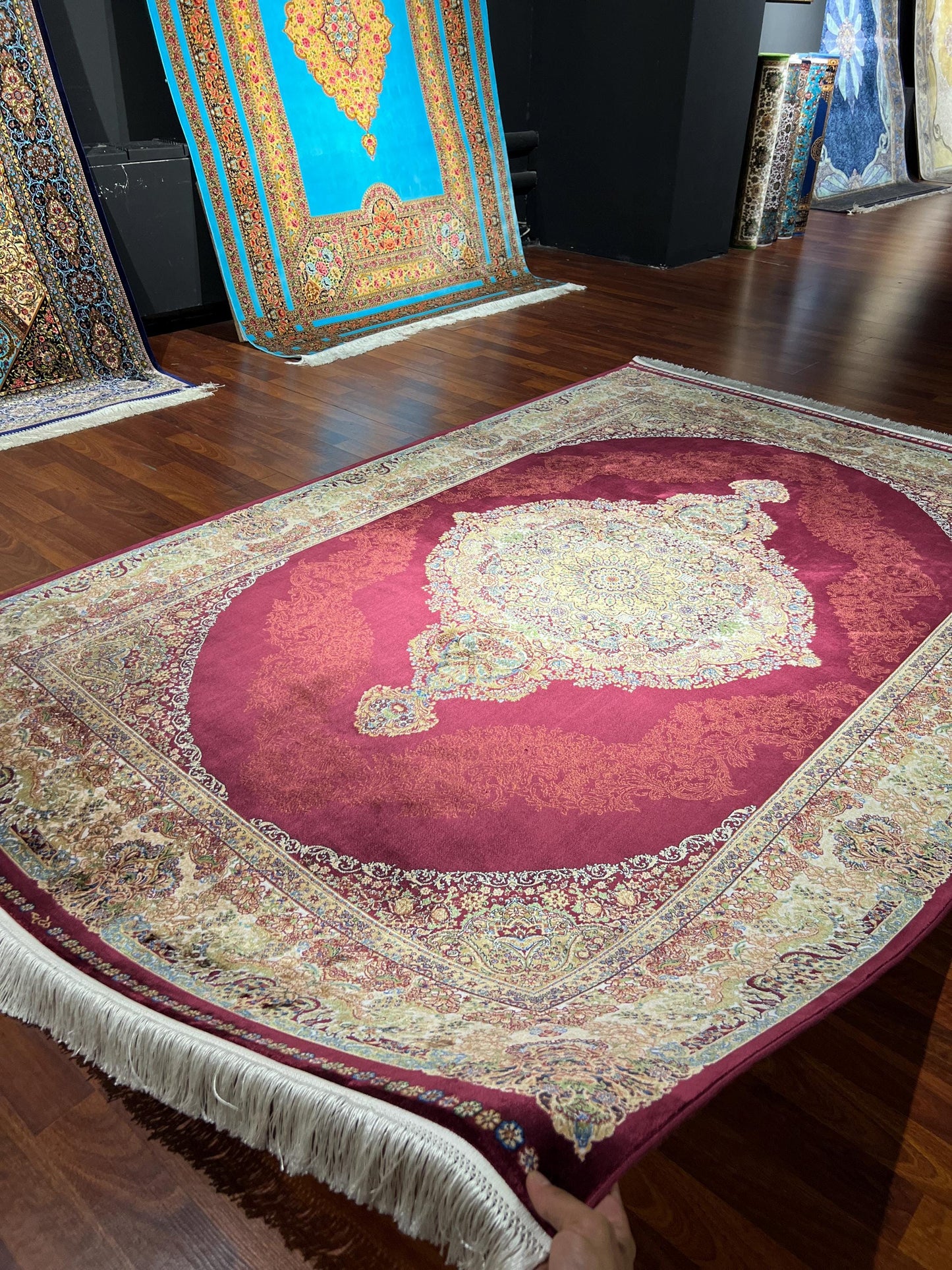 5x8 Red Gold Bamboo Silk Rug, Floral Medallion Area Rug, Luxury Living Room Carpet