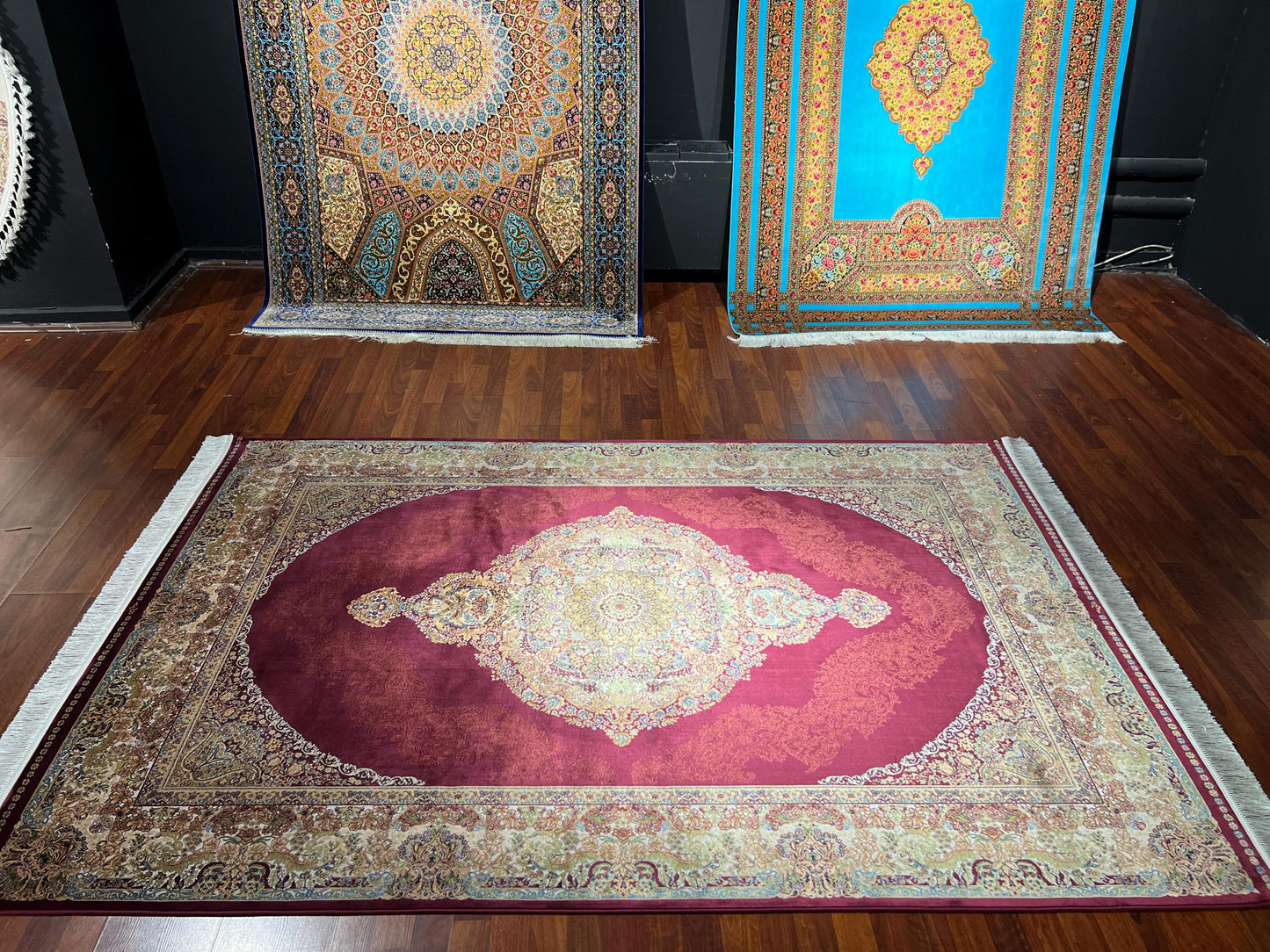 5x8 Red Gold Bamboo Silk Rug, Floral Medallion Area Rug, Luxury Living Room Carpet