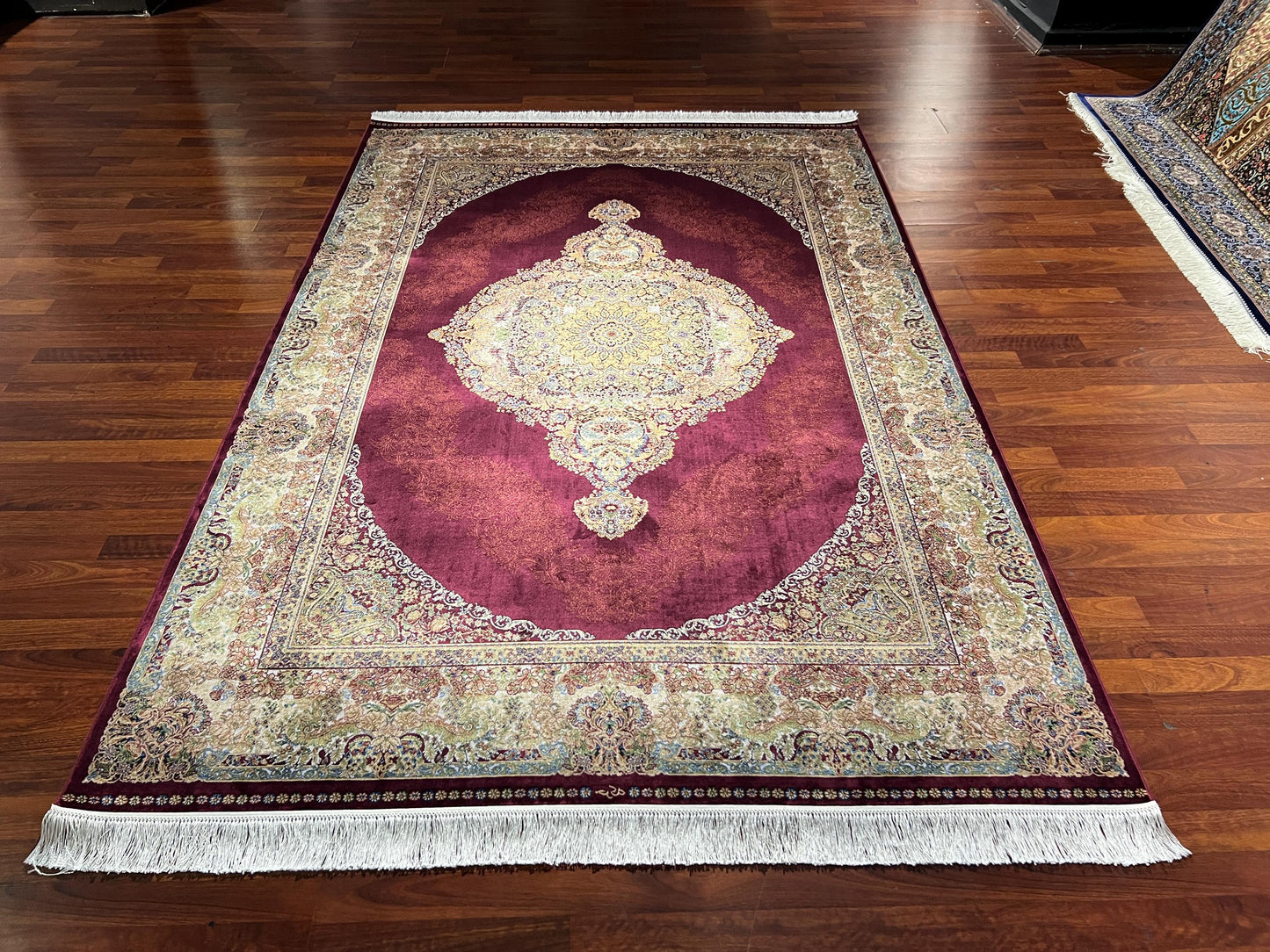 5x8 Red Gold Bamboo Silk Rug, Floral Medallion Area Rug, Luxury Living Room Carpet