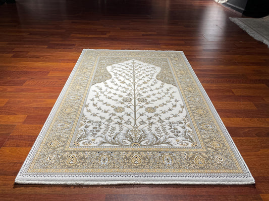 2.62x4.10 ft Cream Gold Bamboo Acrylic Sajjadah Prayer Rug, 100 Combs Islamic Prayer Mat, Elegant Muslim Gift Rug