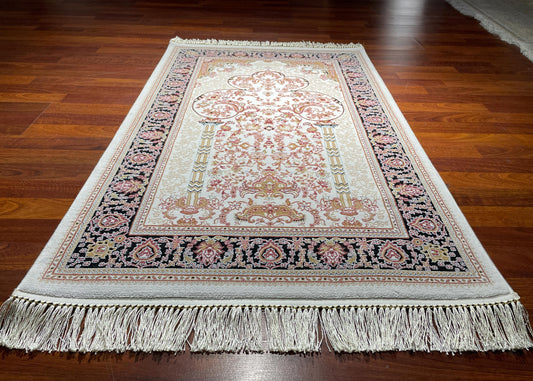 2.62x4.10 ft Fringed Cream Rose Bamboo Acrylic Sajjadah Prayer Rug, 100 Combs Floral Mihrab Islamic Prayer Mat