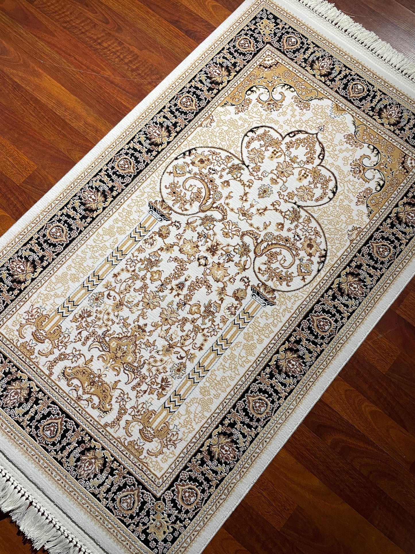 2.62x4.10 ft Fringed Cream Black Bamboo Acrylic Sajjadah Prayer Rug, Floral Mihrab Islamic Prayer Mat