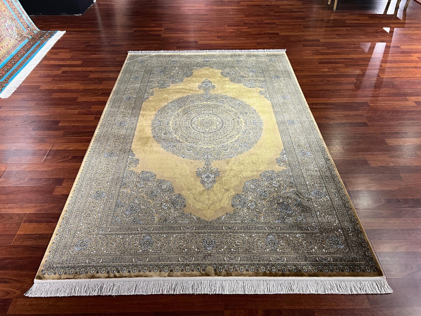 5x8 Gold Medallion Silk Rug, 100% Bamboo Silk Area Rug, Luxury Living Room Carpet