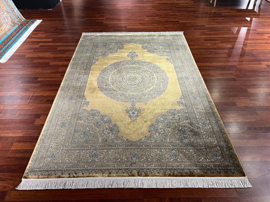 5x8 Gold Medallion Silk Rug, 100% Bamboo Silk Area Rug, Luxury Living Room Carpet