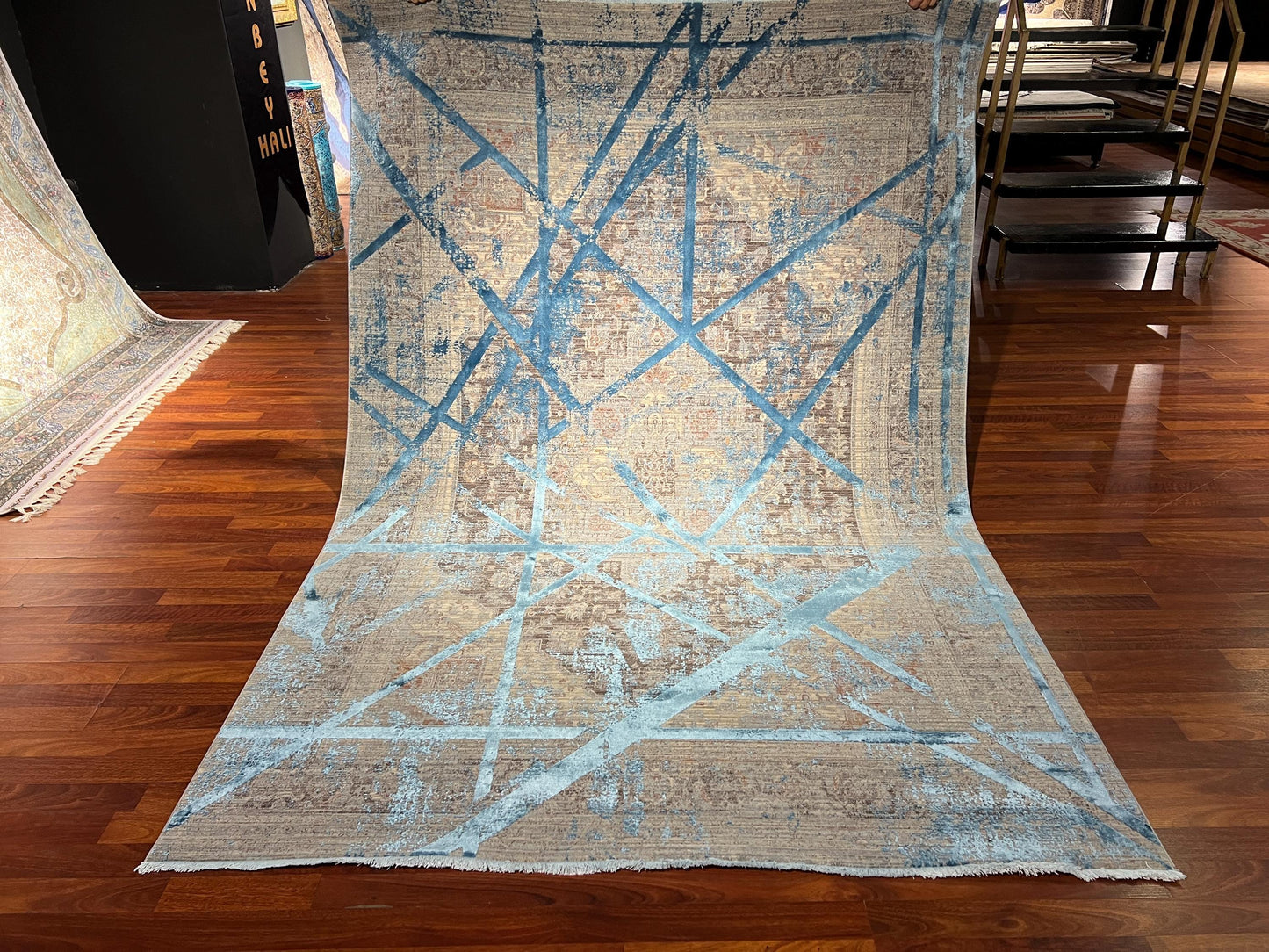 5x8 Gray Blue Geometric Rug, Bamboo Acrylic Area Rug, Modern Living Room Office Carpet