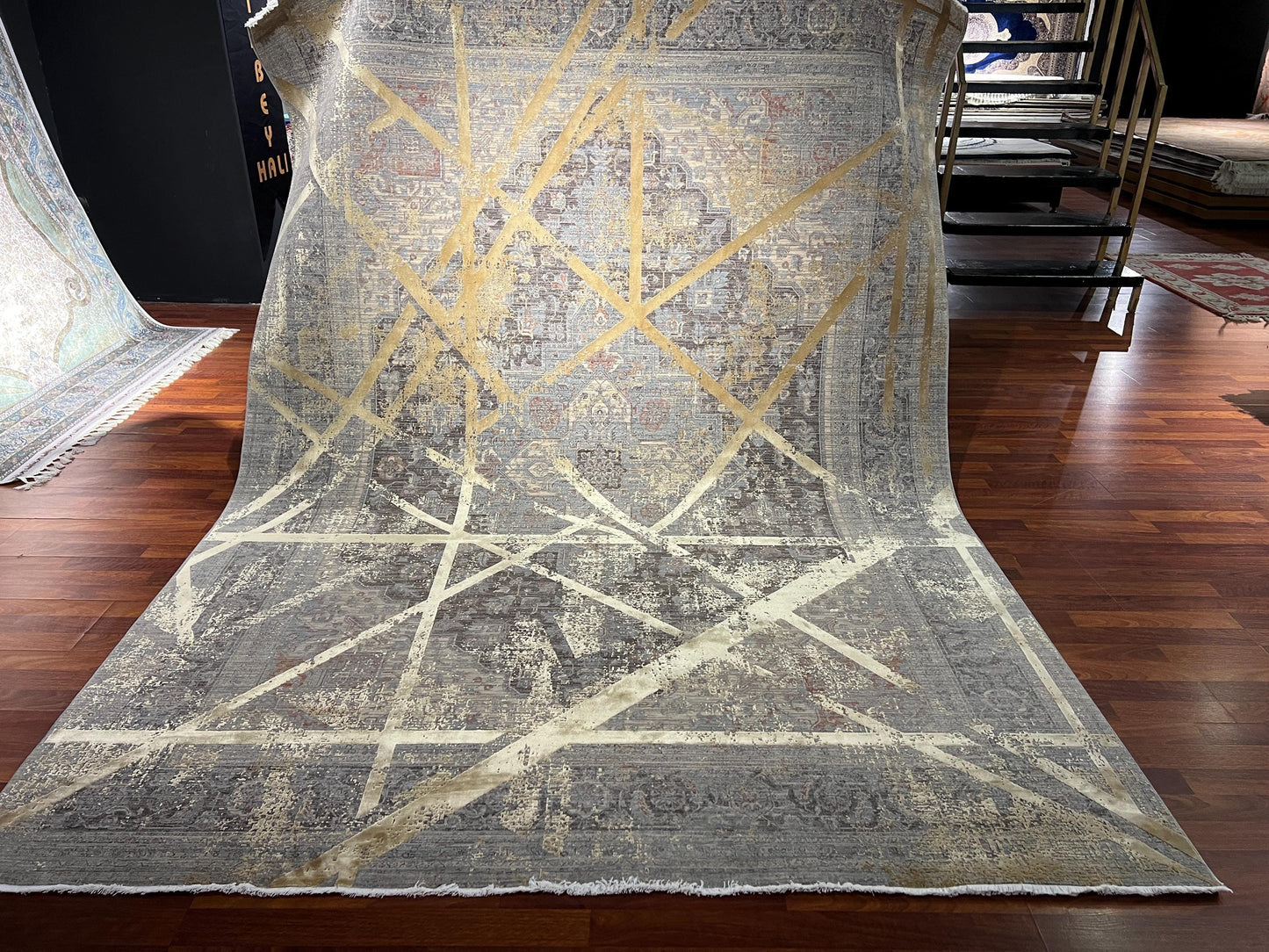 5x8 Gray Gold Geometric Rug, Bamboo Acrylic Area Rug, Modern Living Room Office Carpet