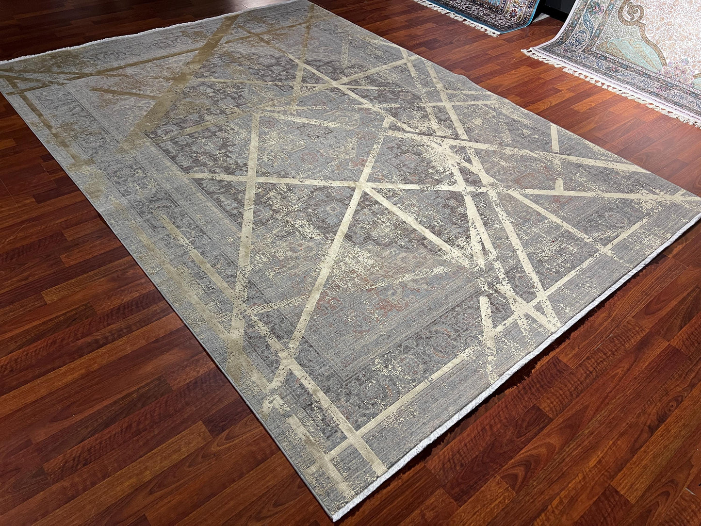 5x8 Gray Gold Geometric Rug, Bamboo Acrylic Area Rug, Modern Living Room Office Carpet
