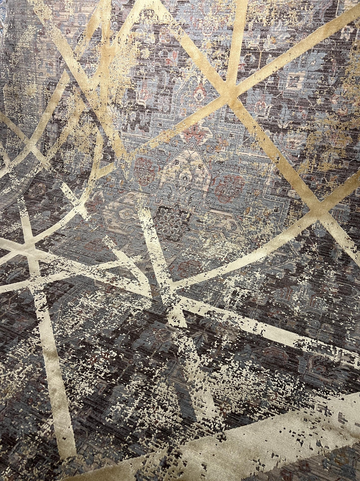 5x8 Gray Gold Geometric Rug, Bamboo Acrylic Area Rug, Modern Living Room Office Carpet