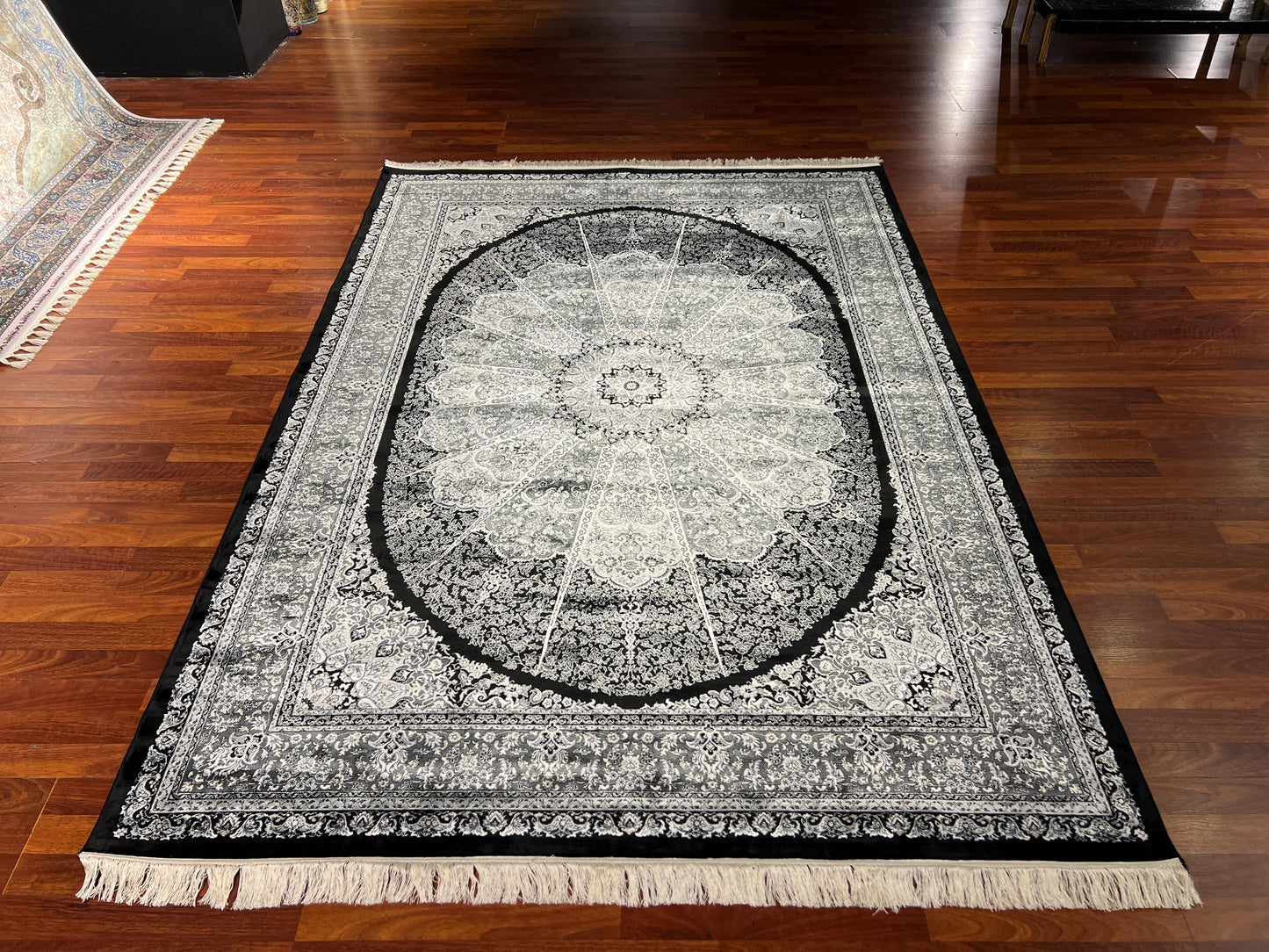 5x8 Black Ivory Silk Rug, Bamboo Silk Area Rug, Luxury Medallion Living Room Carpet