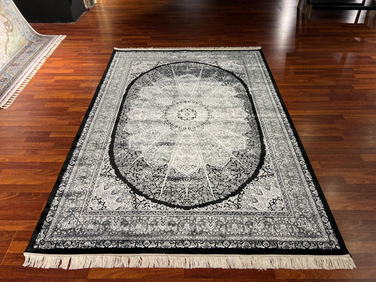 5x8 Black Ivory Silk Rug, Bamboo Silk Area Rug, Luxury Medallion Living Room Carpet