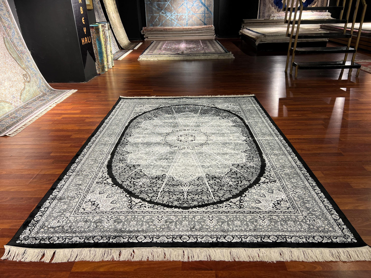 5x8 Black Ivory Silk Rug, Bamboo Silk Area Rug, Luxury Medallion Living Room Carpet