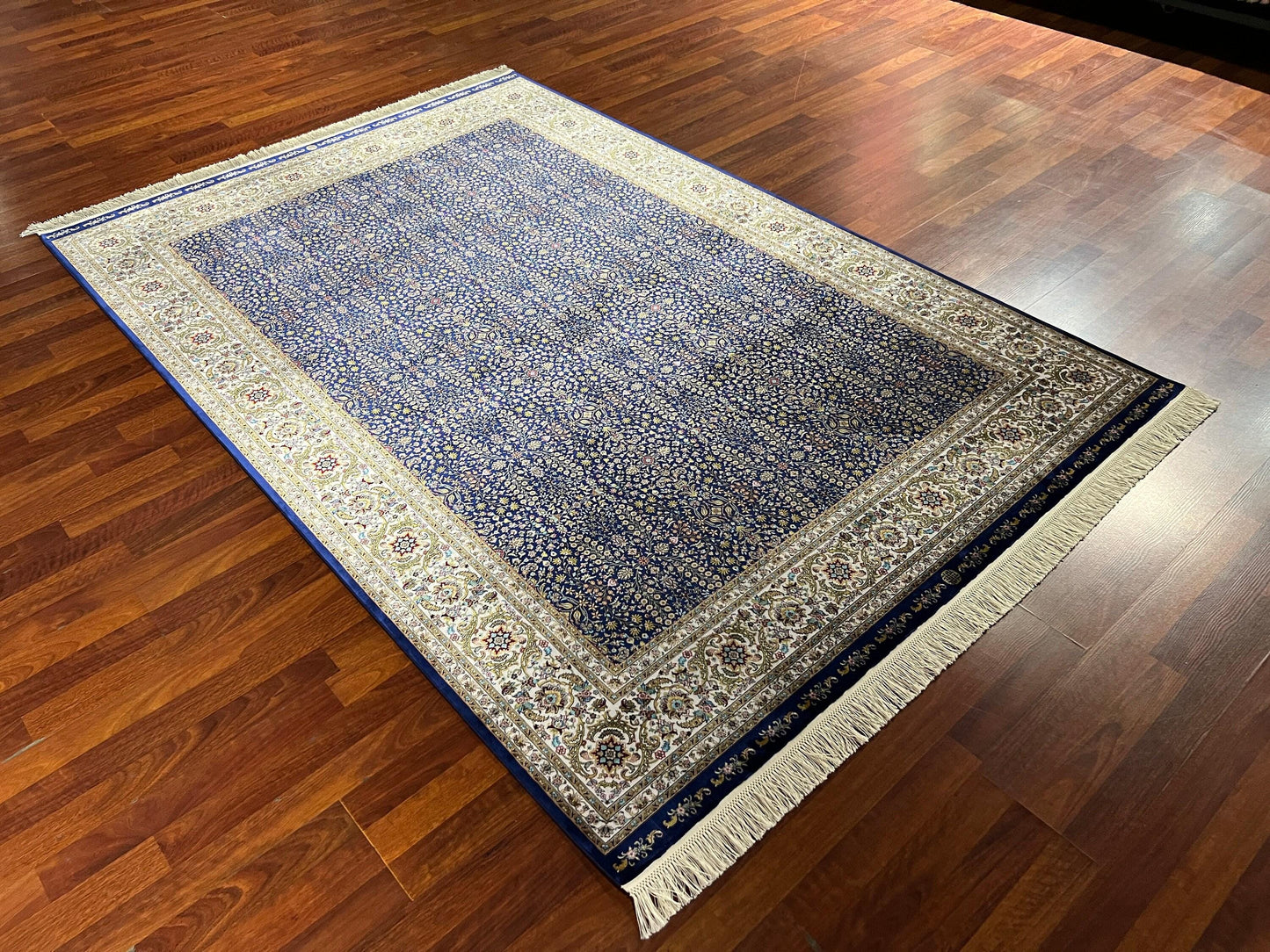 5x8 Blue Gold Bamboo Silk Rug, Authentic Pattern Area Rug, Luxury Living Room Carpet, Turkish Style Home Decor Rug
