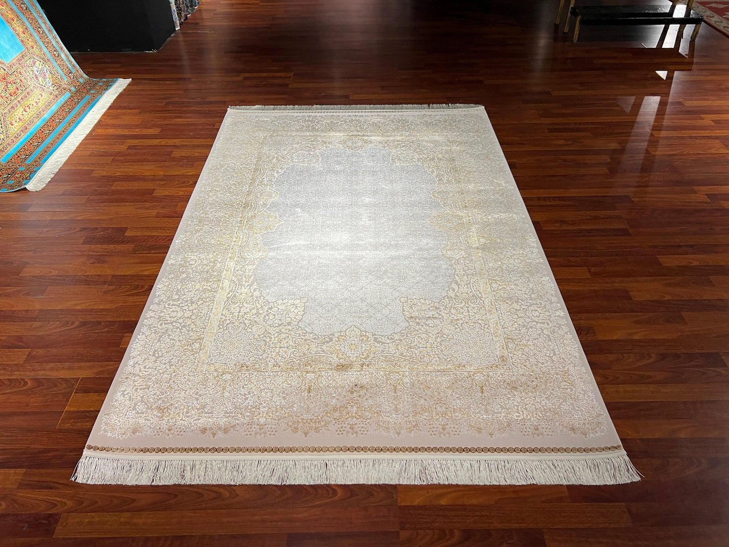 5x8 Gold Beige Silk Rug, Floral Area Rug, Luxury Living Room Carpet, High Quality Home Decor Rug