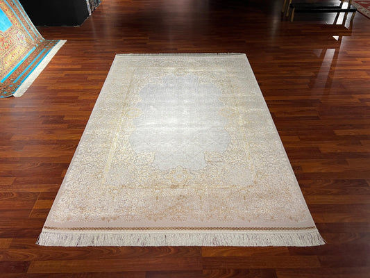 5x8 Gold Beige Silk Rug, Floral Area Rug, Luxury Living Room Carpet, High Quality Home Decor Rug