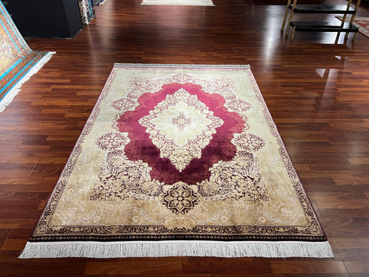 5x8 Gold Red Silk Rug, Turkish Style Area Rug, Luxury Living Room Carpet, Elegant Home Decor Rug