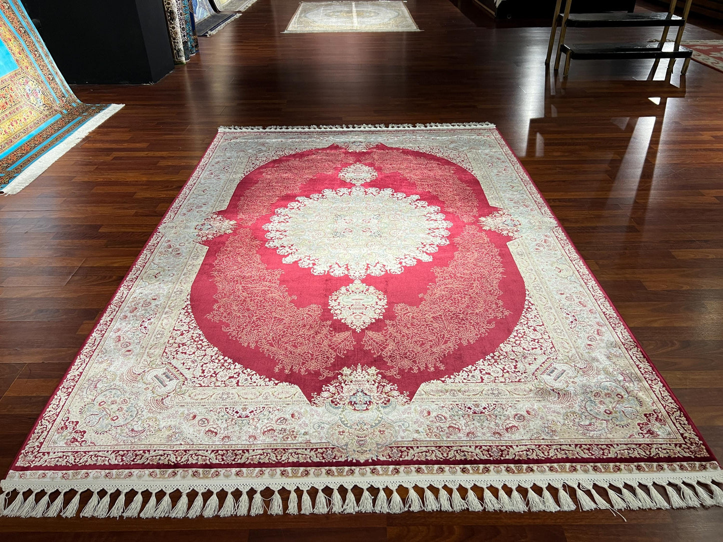 Gold Red Silk Rug, Traditional Area Rug, Luxury Living Room Carpet, Turkish Style Home Decor Rug