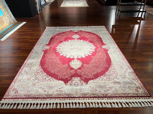 Gold Red Silk Rug, Traditional Area Rug, Luxury Living Room Carpet, Turkish Style Home Decor Rug