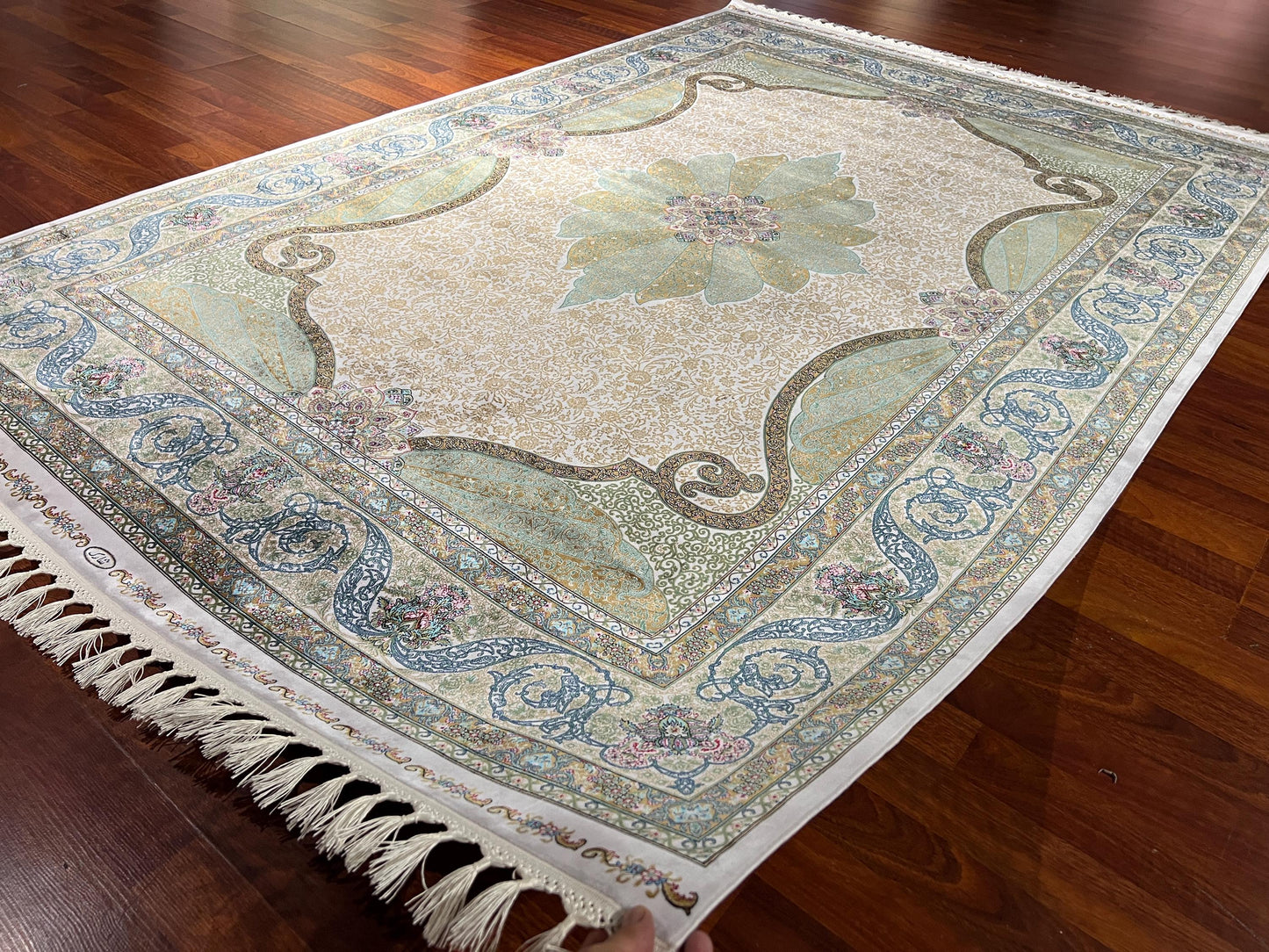 5x8 Green Medallion Silk Rug, Traditional Area Rug, Luxury Living Room Carpet, Elegant Floral Silk Rug