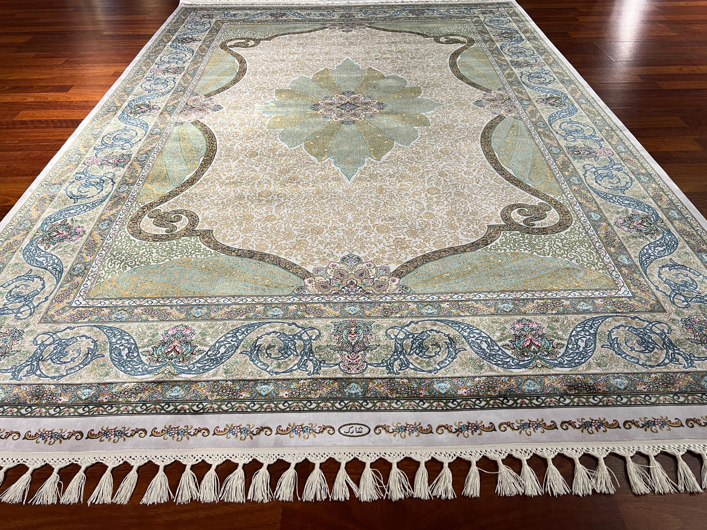 5x8 Green Medallion Silk Rug, Traditional Area Rug, Luxury Living Room Carpet, Elegant Floral Silk Rug