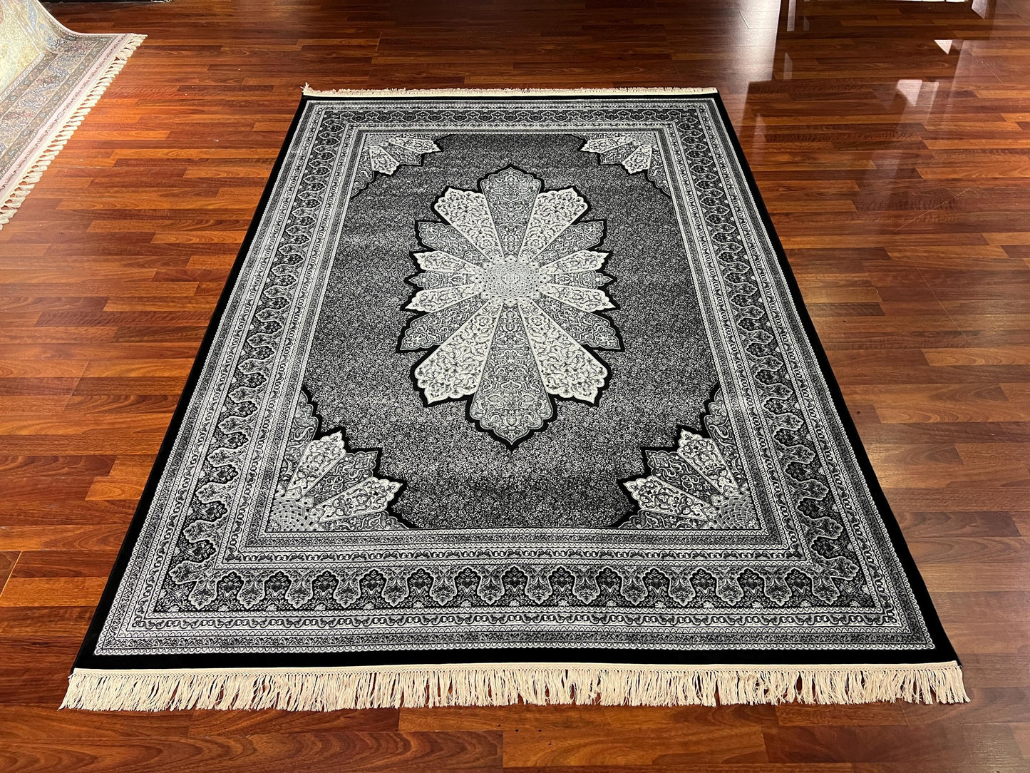 5x8 Black Ivory Silk Rug, Bamboo Silk Area Rug, Luxury Living Room Carpet, Classic Medallion Rug