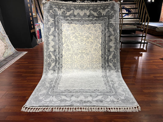 5x8 Gray Silver Silk Rug, Traditional Rectangle Area Rug, Luxury Living Room Carpet, Elegant Floral Bamboo Silk Rug
