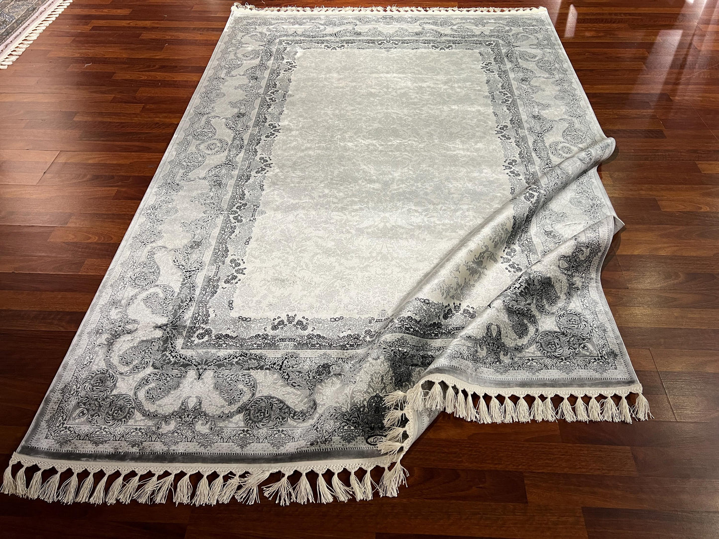 5x8 Gray Silver Silk Rug, Traditional Rectangle Area Rug, Luxury Living Room Carpet, Elegant Floral Bamboo Silk Rug