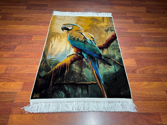 2x3 Parrot Tapestry Rug, Modal Silk Wall Hanging, Tropical Bird Gift Rug, Decorative Wall Decor Carpet