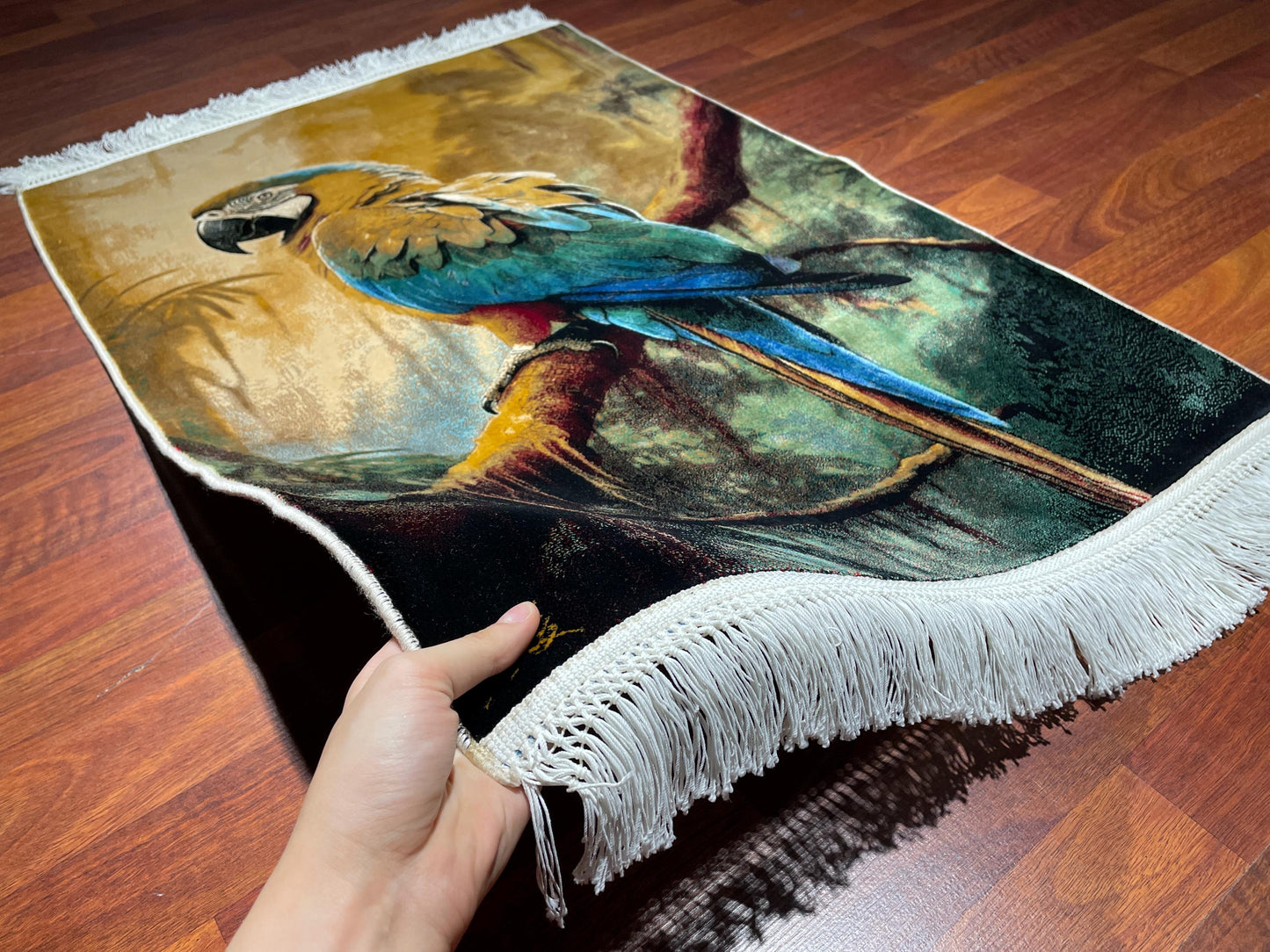 2x3 Parrot Tapestry Rug, Modal Silk Wall Hanging, Tropical Bird Gift Rug, Decorative Wall Decor Carpet