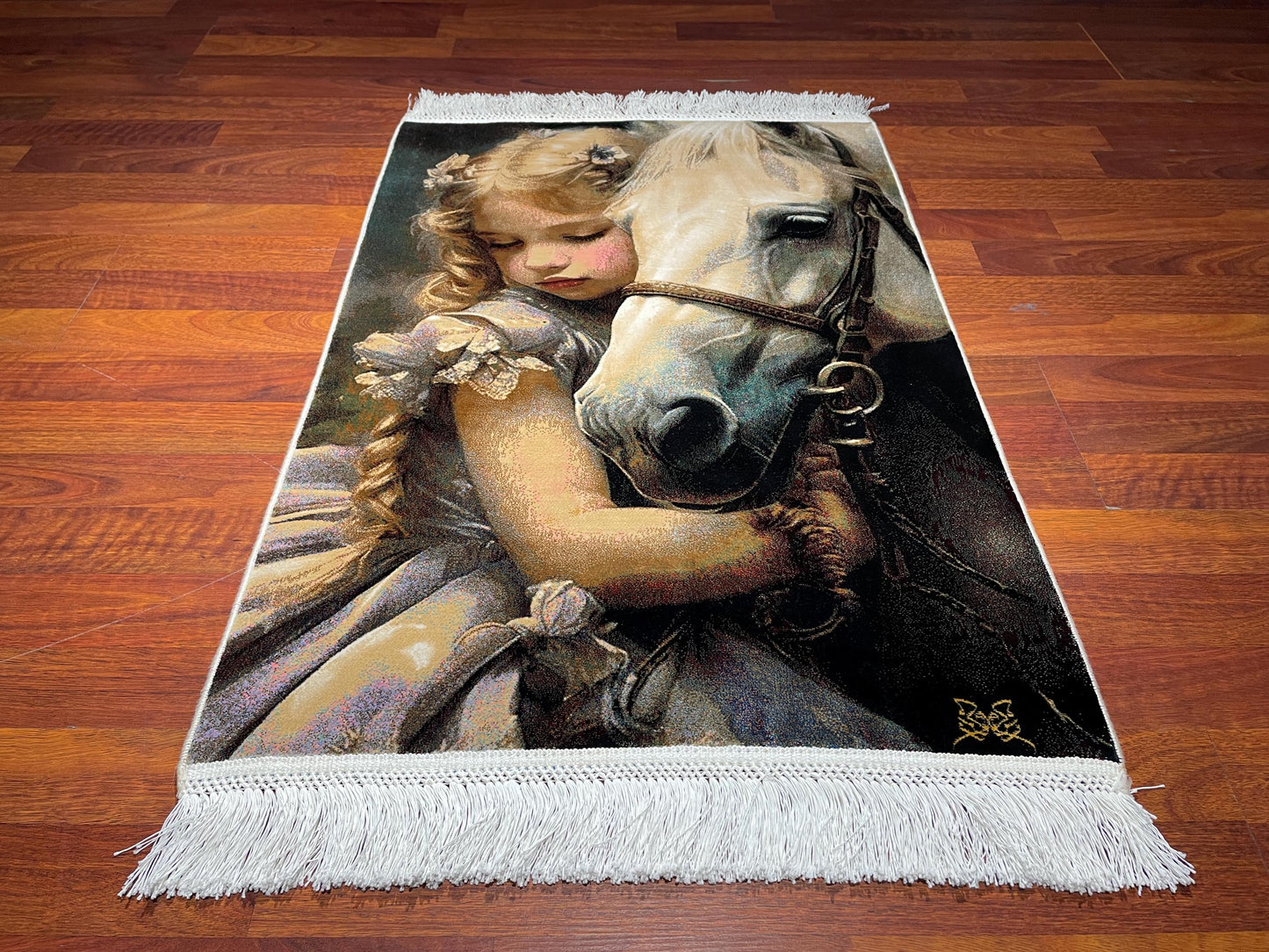 2x3 Girl and Horse Tapestry Rug, Modal Silk Wall Hanging Rug, Horse Lover Gift Rug, Decorative Wall Decor Carpet