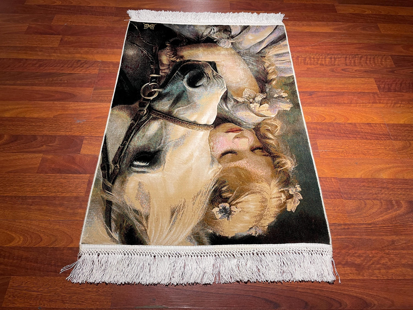2x3 Girl and Horse Tapestry Rug, Modal Silk Wall Hanging Rug, Horse Lover Gift Rug, Decorative Wall Decor Carpet