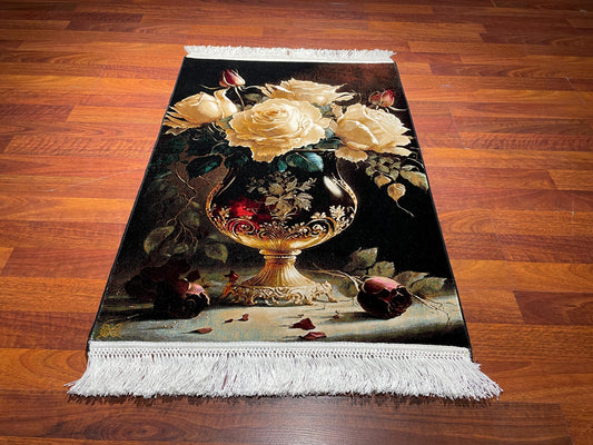 2x3 Rose Tapestry Rug, Modal Silk Wall Hanging Rug, Floral Gift Rug, Decorative Flower Wall Decor Carpet