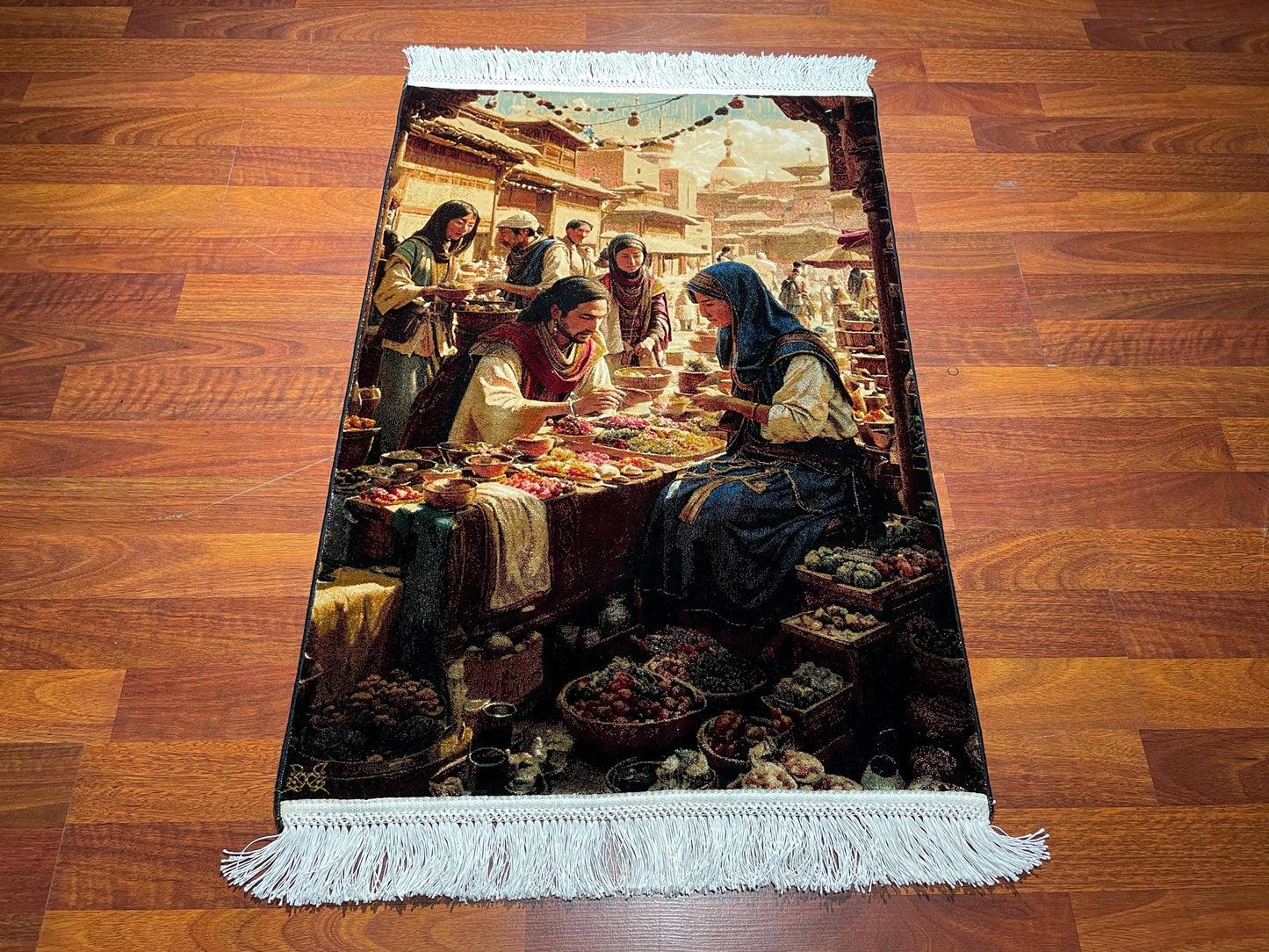 2x3 Oriental Bazaar Tapestry Rug, Modal Silk Wall Hanging, Traditional Market Scene Gift Rug