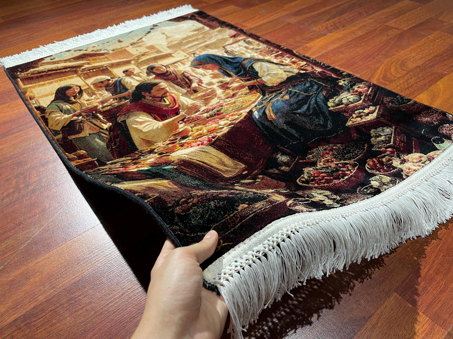 2x3 Oriental Bazaar Tapestry Rug, Modal Silk Wall Hanging, Traditional Market Scene Gift Rug