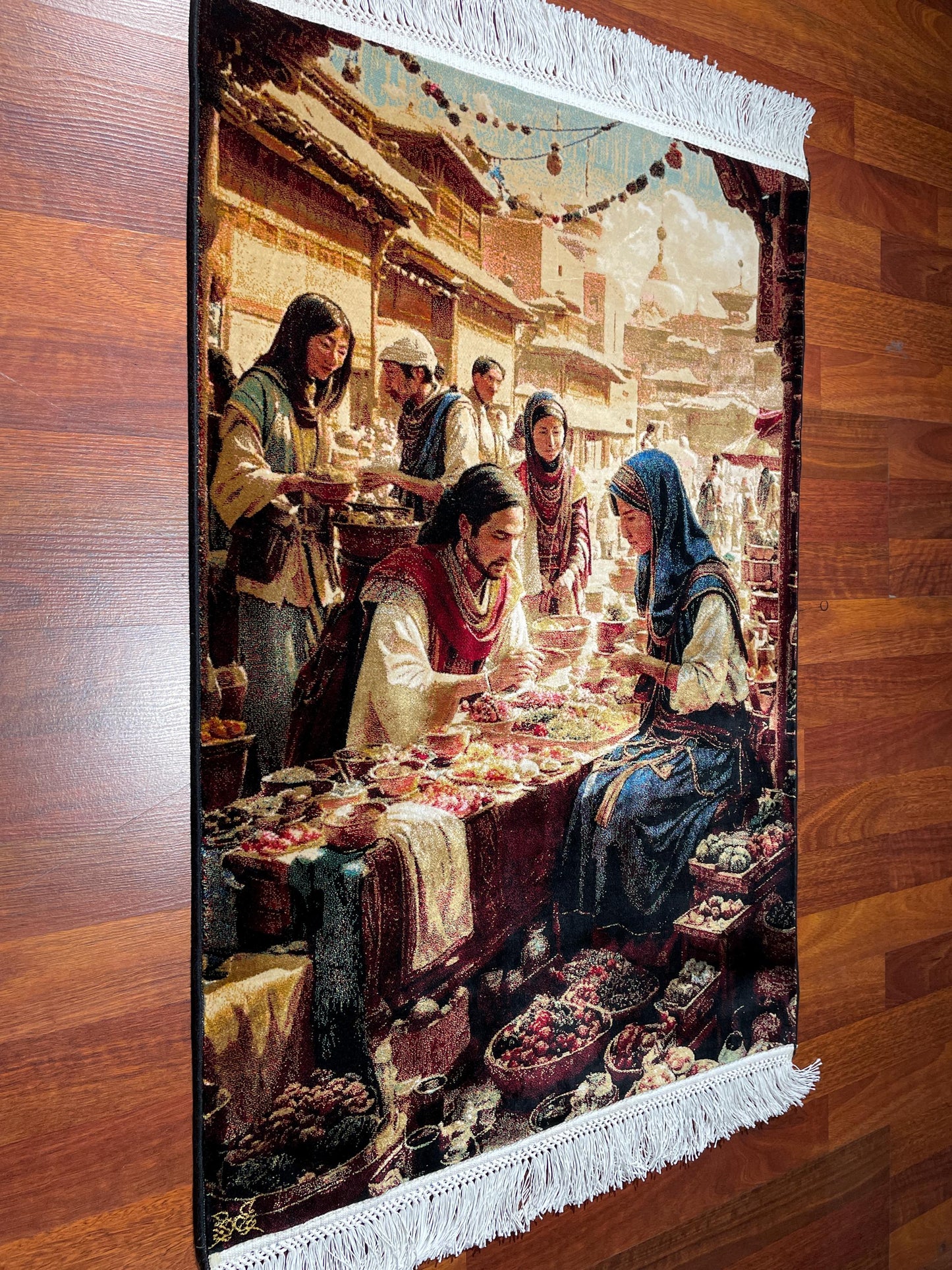 2x3 Oriental Bazaar Tapestry Rug, Modal Silk Wall Hanging, Traditional Market Scene Gift Rug