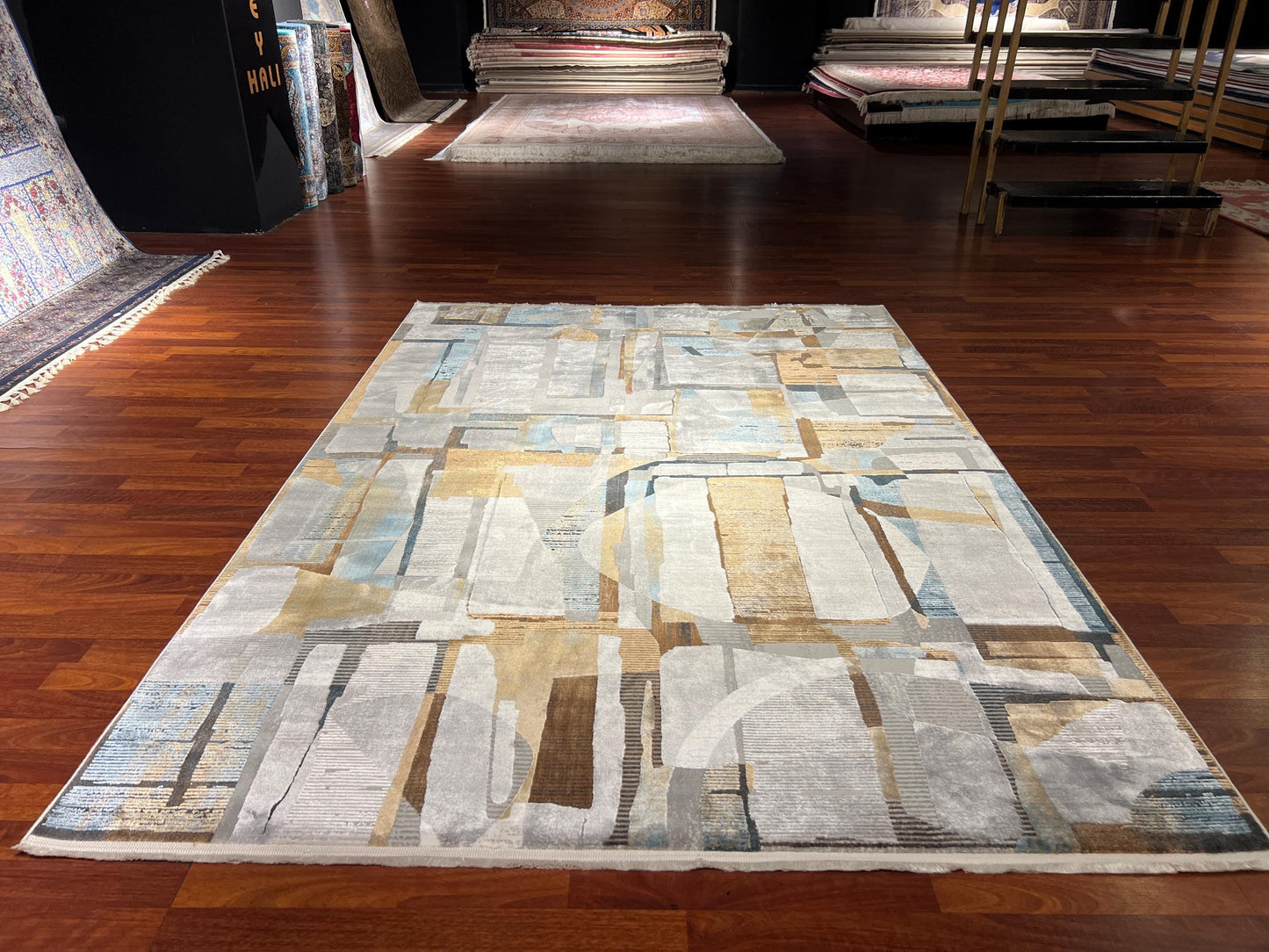 5x8 Modern Abstract Bamboo Rug, Gray Beige Area Rug, Luxury Living Room Carpet, Contemporary Home Decor Rug