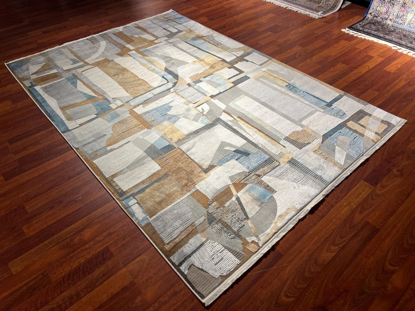 5x8 Modern Abstract Bamboo Rug, Gray Beige Area Rug, Luxury Living Room Carpet, Contemporary Home Decor Rug