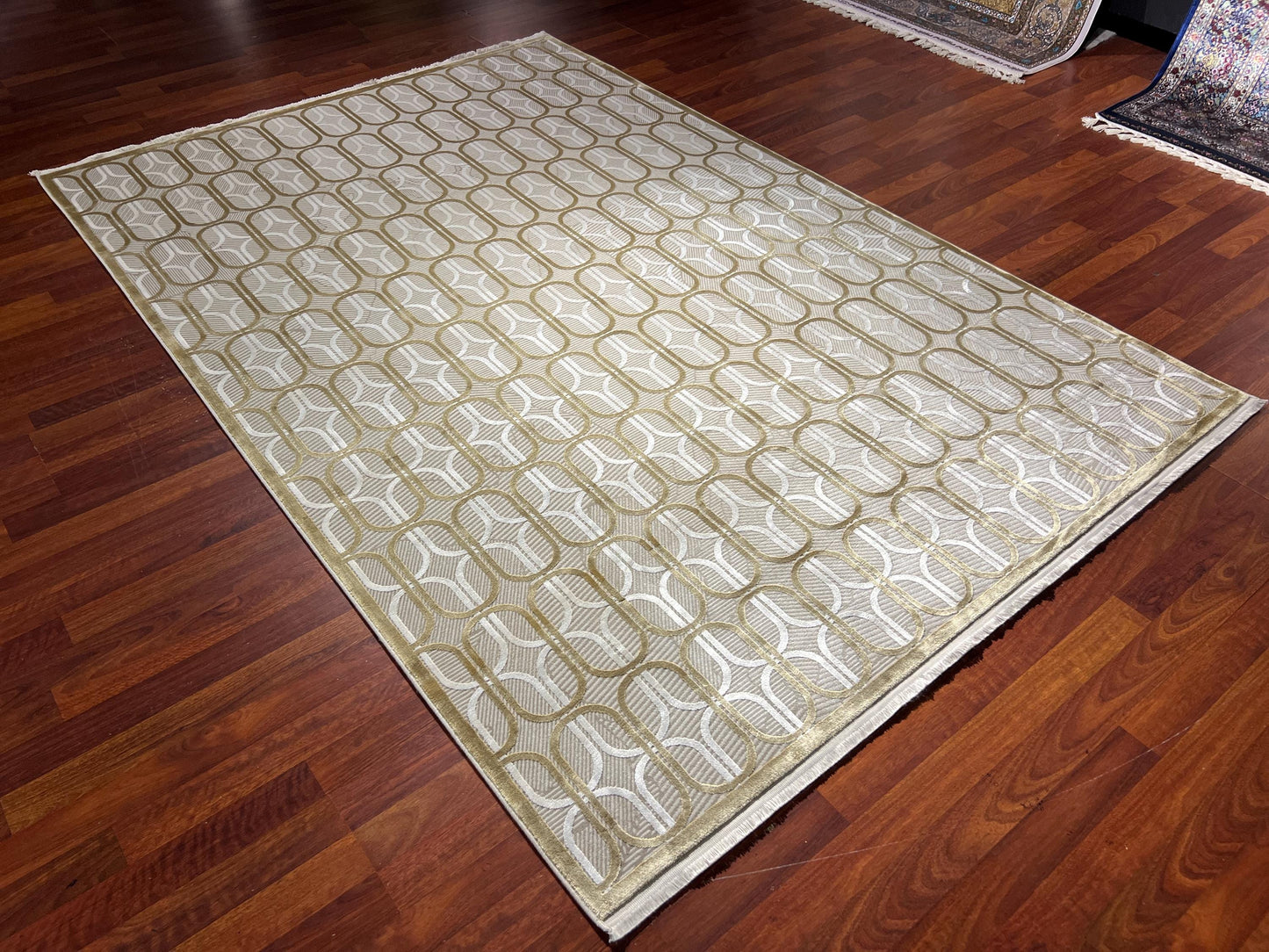 5x8 Beige Gold Bamboo Rug, Modern Geometric Area Rug, Luxury Living Room Carpet, Elegant Home Decor Rug